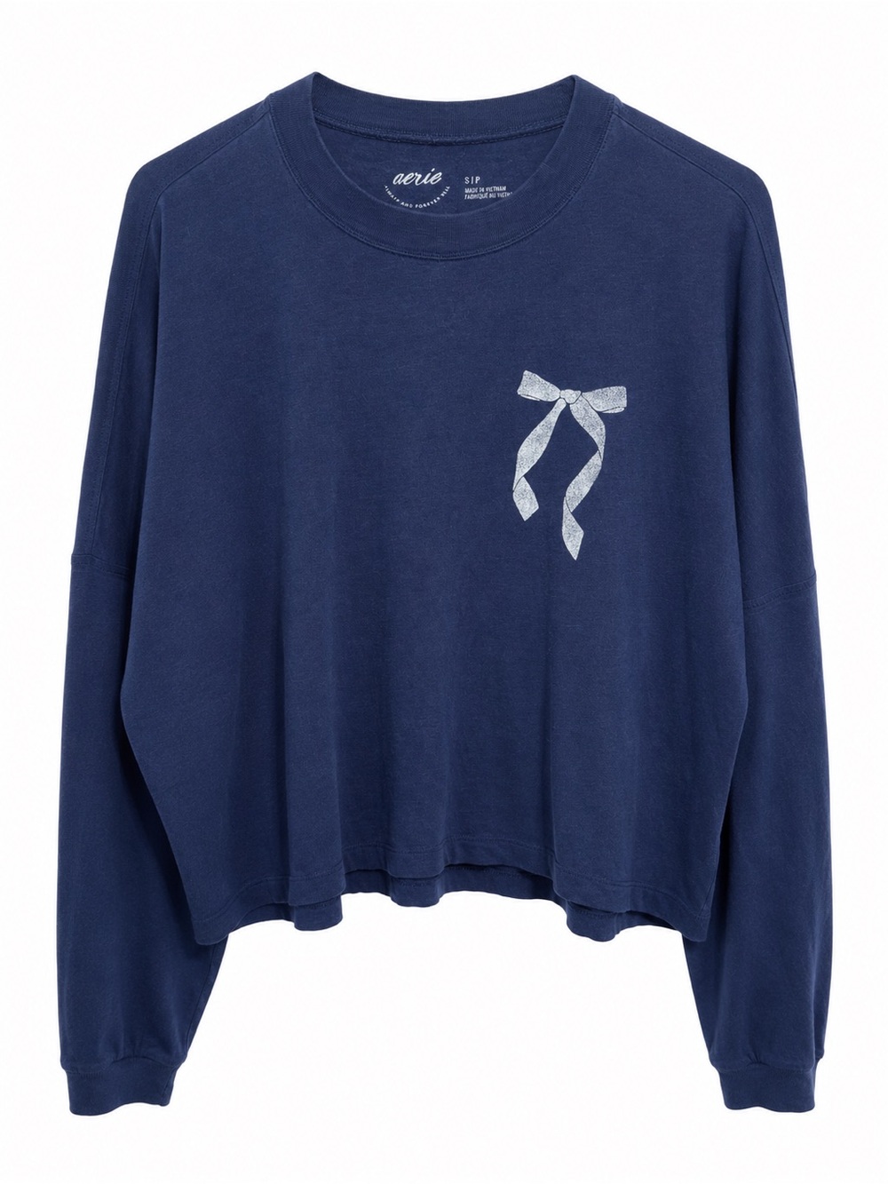 Aerie Navy Bow Graphic Long Sleeve Oversized Tee Size Small